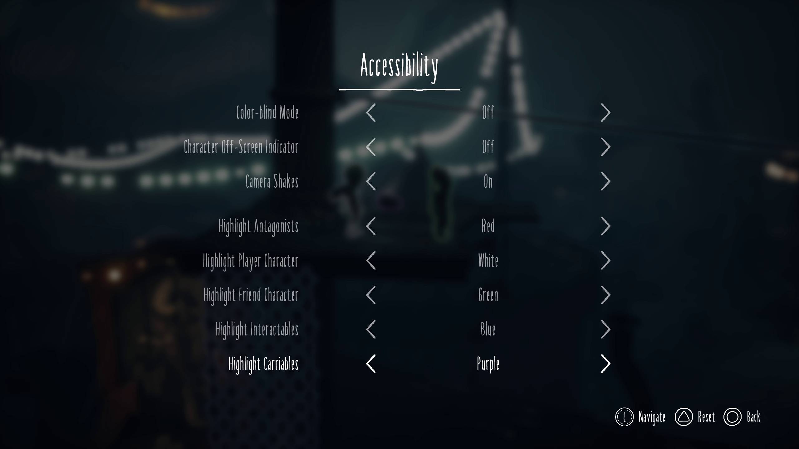 Menu accessibilità di Little Nightmares III con opzioni di colore per evidenziare personaggi e oggetti