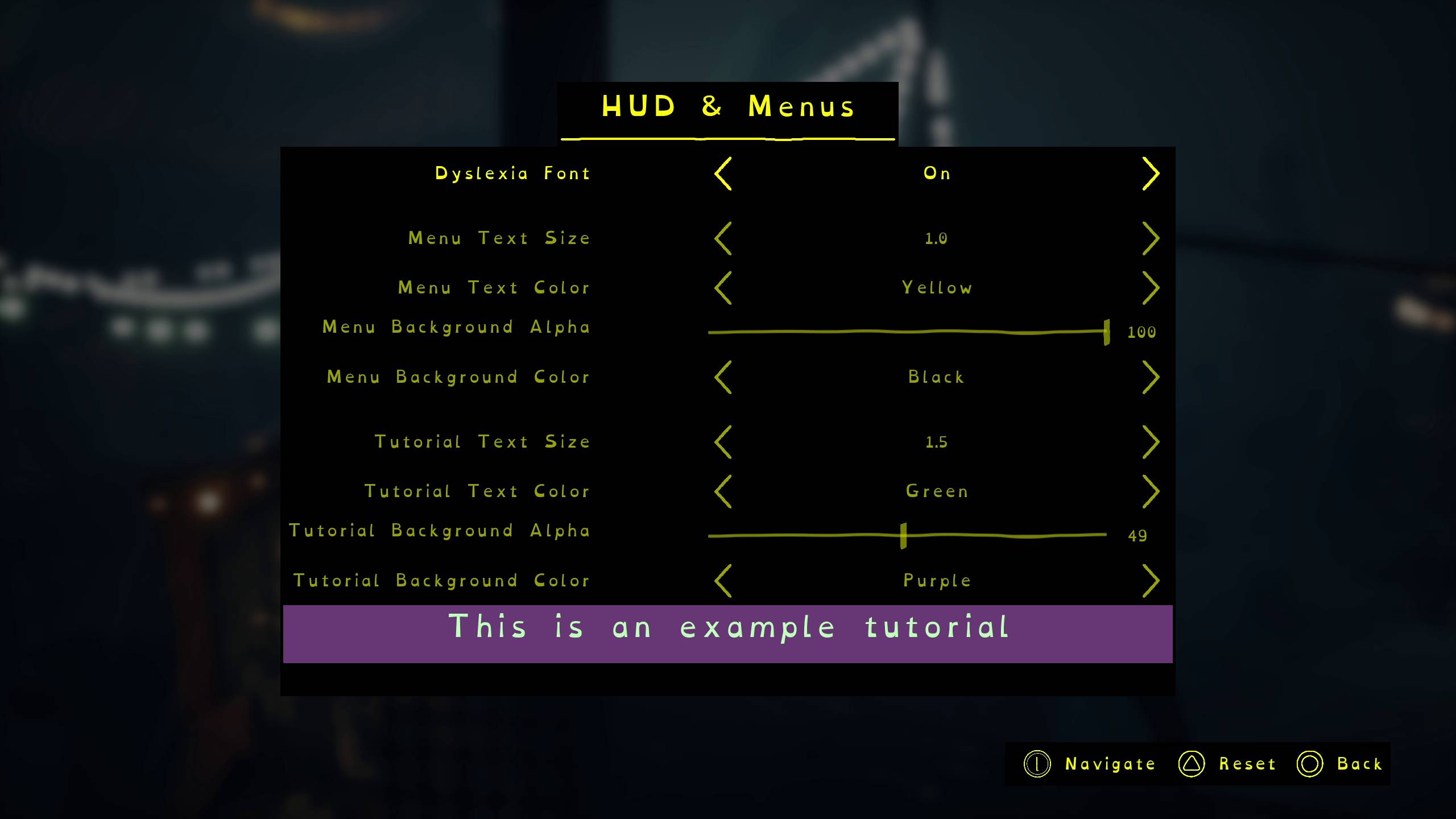 Impostazioni di accessibilità HUD e menu di Little Nightmares III con font per dislessia, dimensione testo, colore e opzioni di sfondo