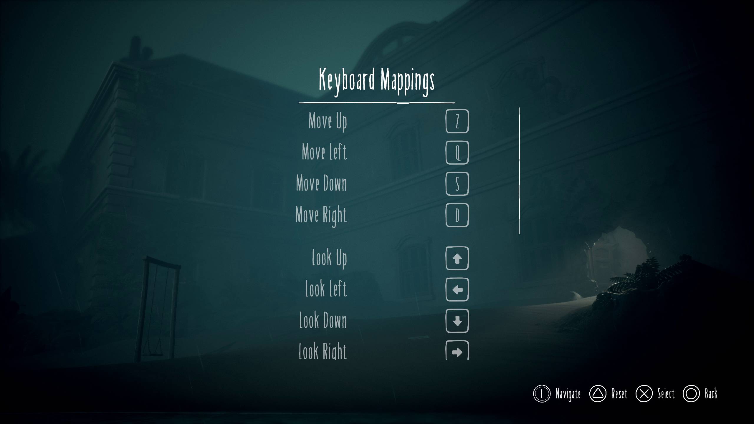 Menu di mappatura tastiera di Little Nightmares III con tasti assegnati per movimento e controllo della telecamera
