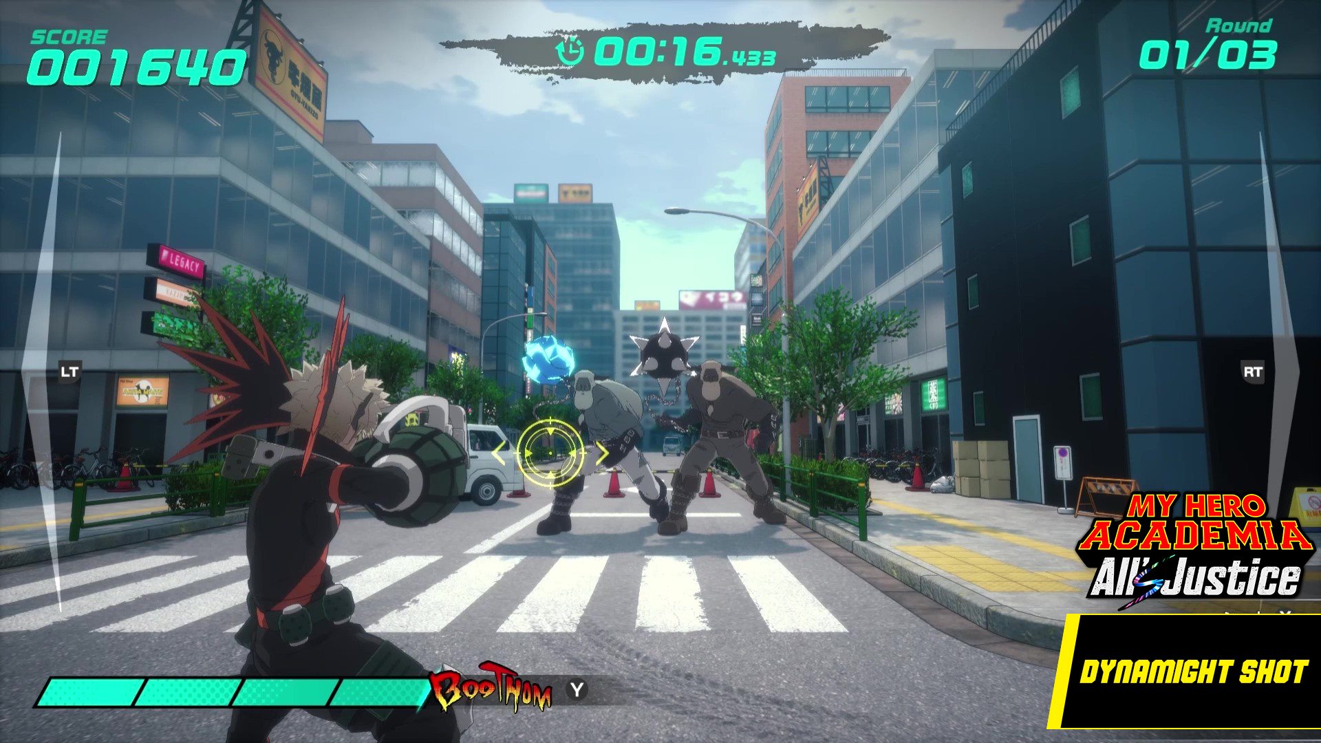 Bakugo aims at villains in a city street in My Hero Academia: All Justice mini-game Dynamight Shot