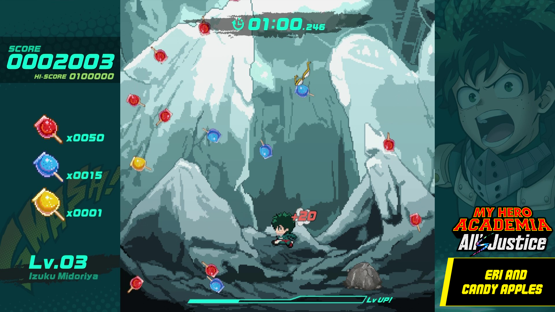 Izuku Midoriya collects candy apples in a pixel art cave stage in My Hero Academia: All Justice
