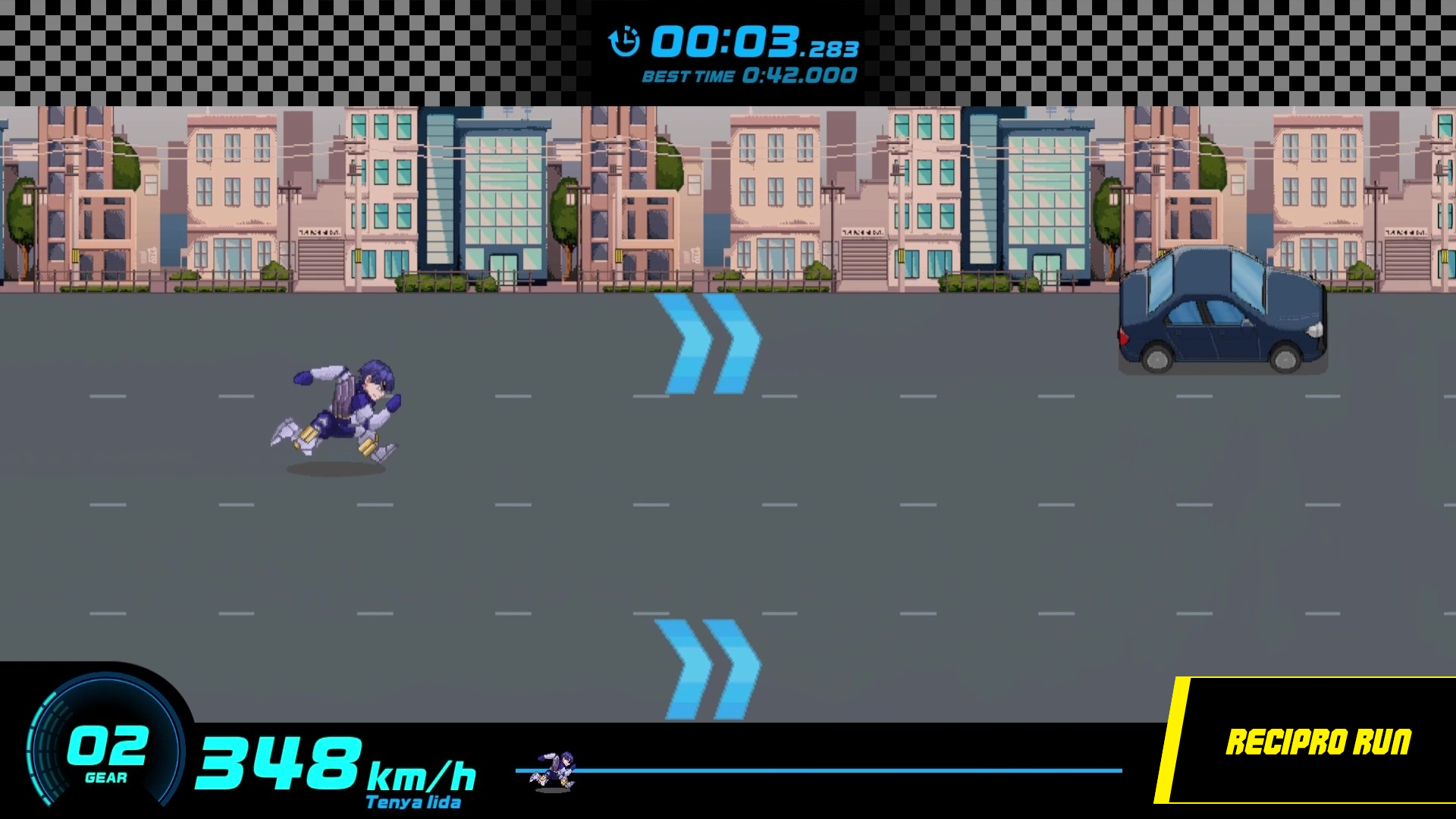 Tenya Iida sprints at 348 km/h on a city road in My Hero Academia: All Justice mini-game Recipro Run
