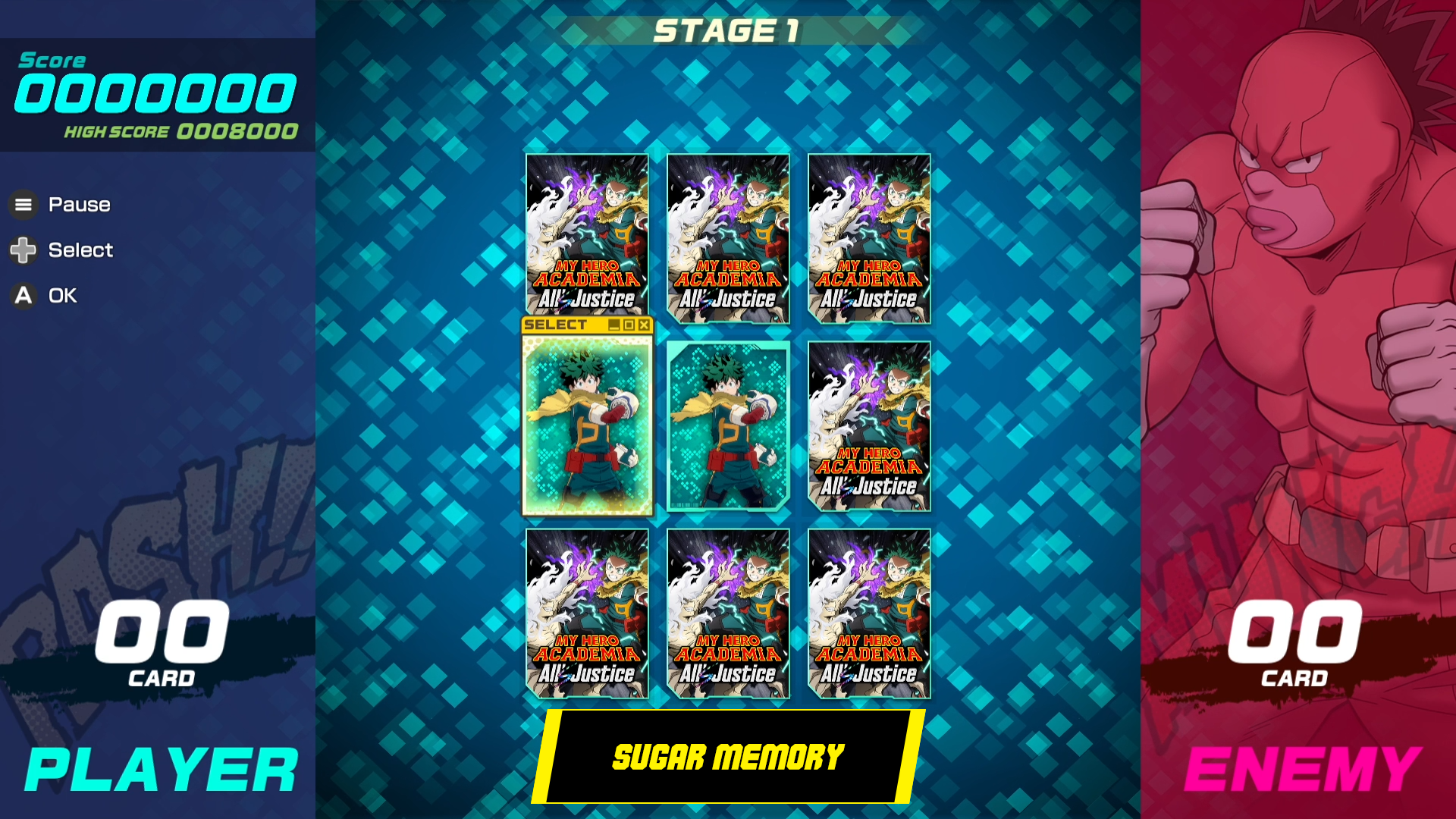 Memory card matching game with My Hero Academia: All Justice characters in mini-game Sugar Memory