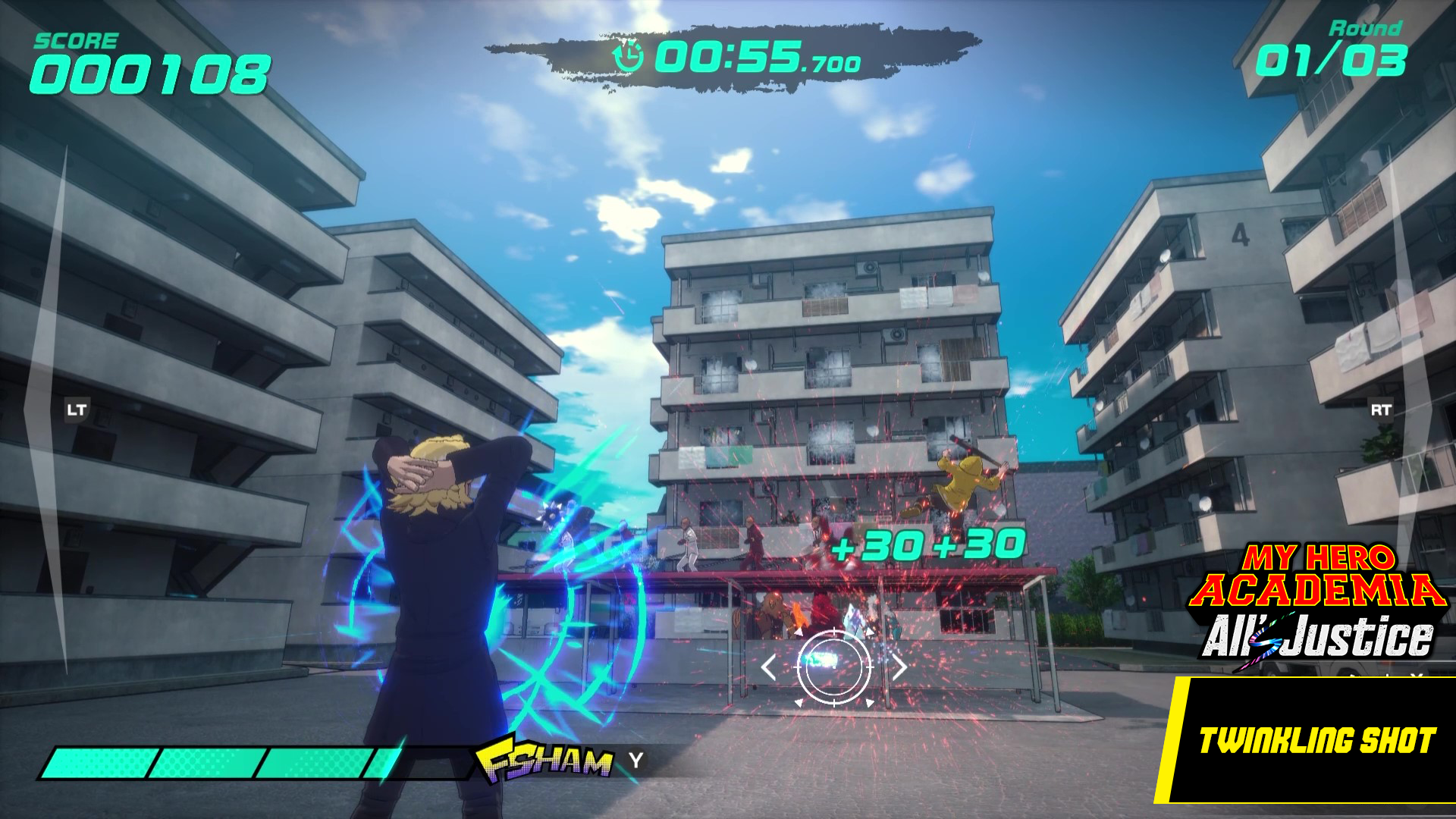 A blonde hero unleashes a blue energy attack on enemies in My Hero Academia: All Justice Twinkling Shot