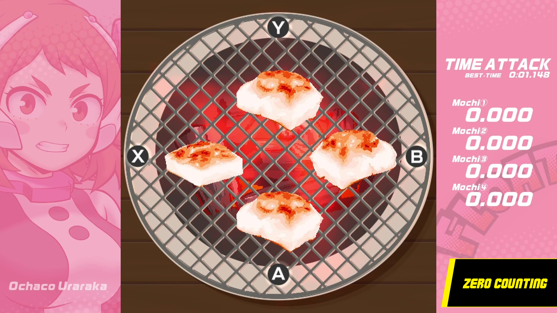 Ochaco Uraraka grills mochi on a barbecue in My Hero Academia: All Justice mini-game Zero Counting