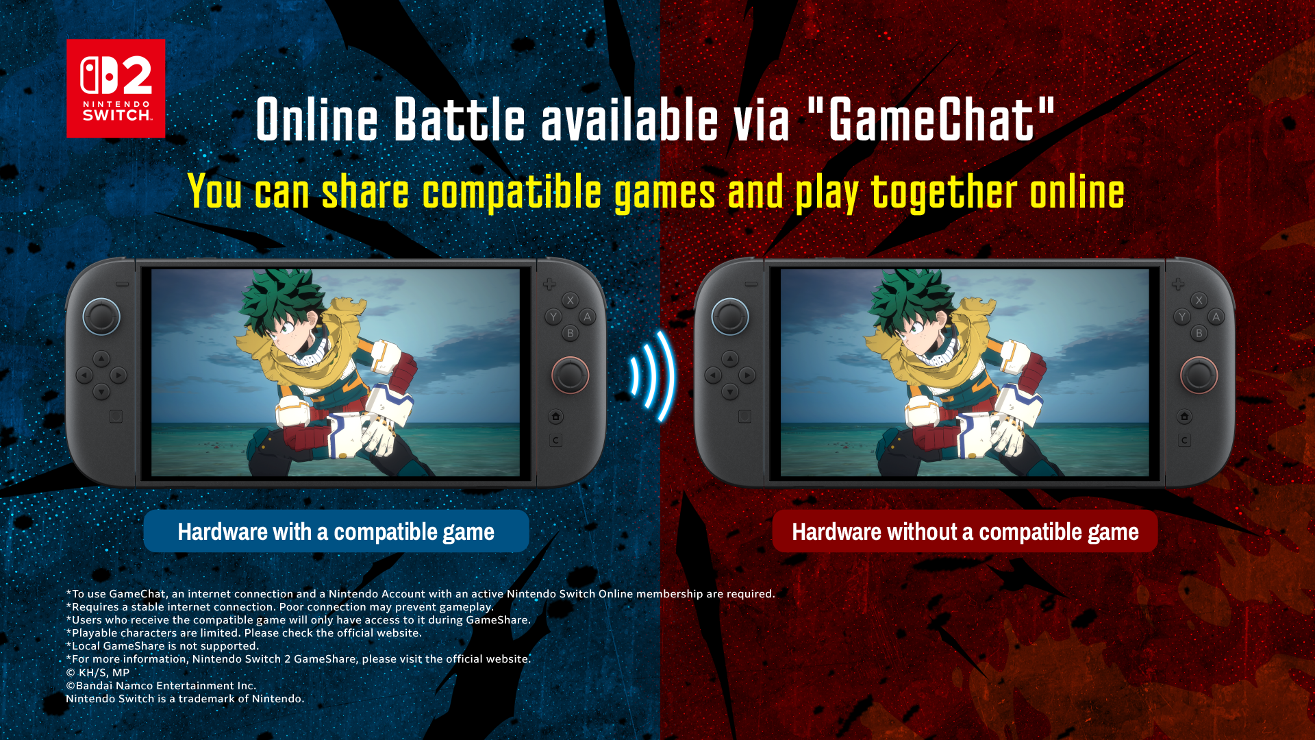 Two Nintendo Switch 2 consoles sharing My Hero Academia: All Justice via GameChat online battle