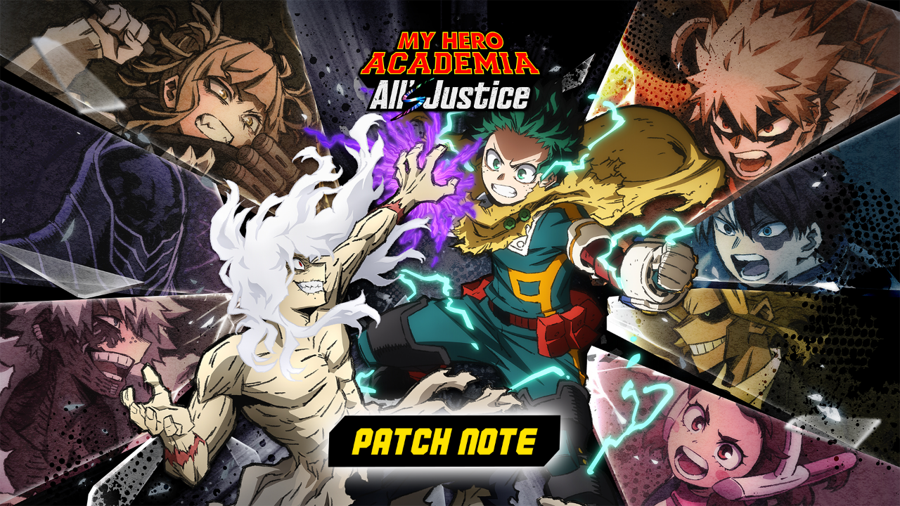 MY HERO ACADEMIA All's Justice Ver. 3.00 patch note artwork featuring multiple characters in battle