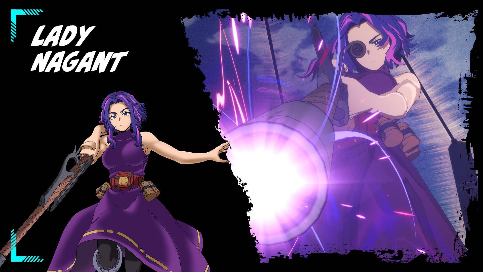 Lady Nagant in purple costume with rifle quirk and violet energy effects from My Hero All's Justice gameplay