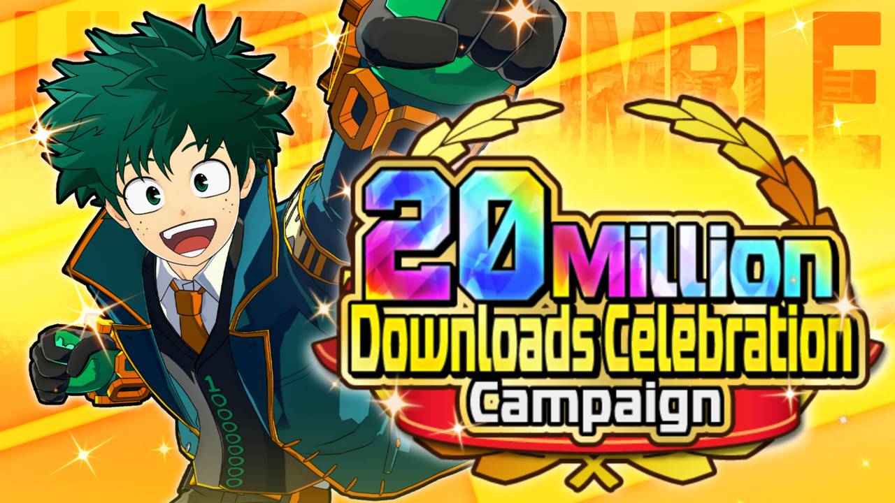 My Hero Ultra Rumble 20 Million Downloads Celebration Campaign artwork featuring Izuku Midoriya OFA