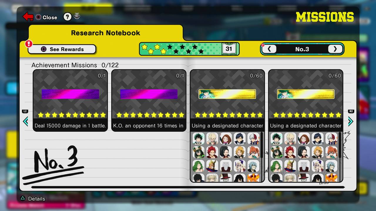 My Hero Ultra Rumble gameplay UI screenshot showing Research Notebook Mission No. 3 menu