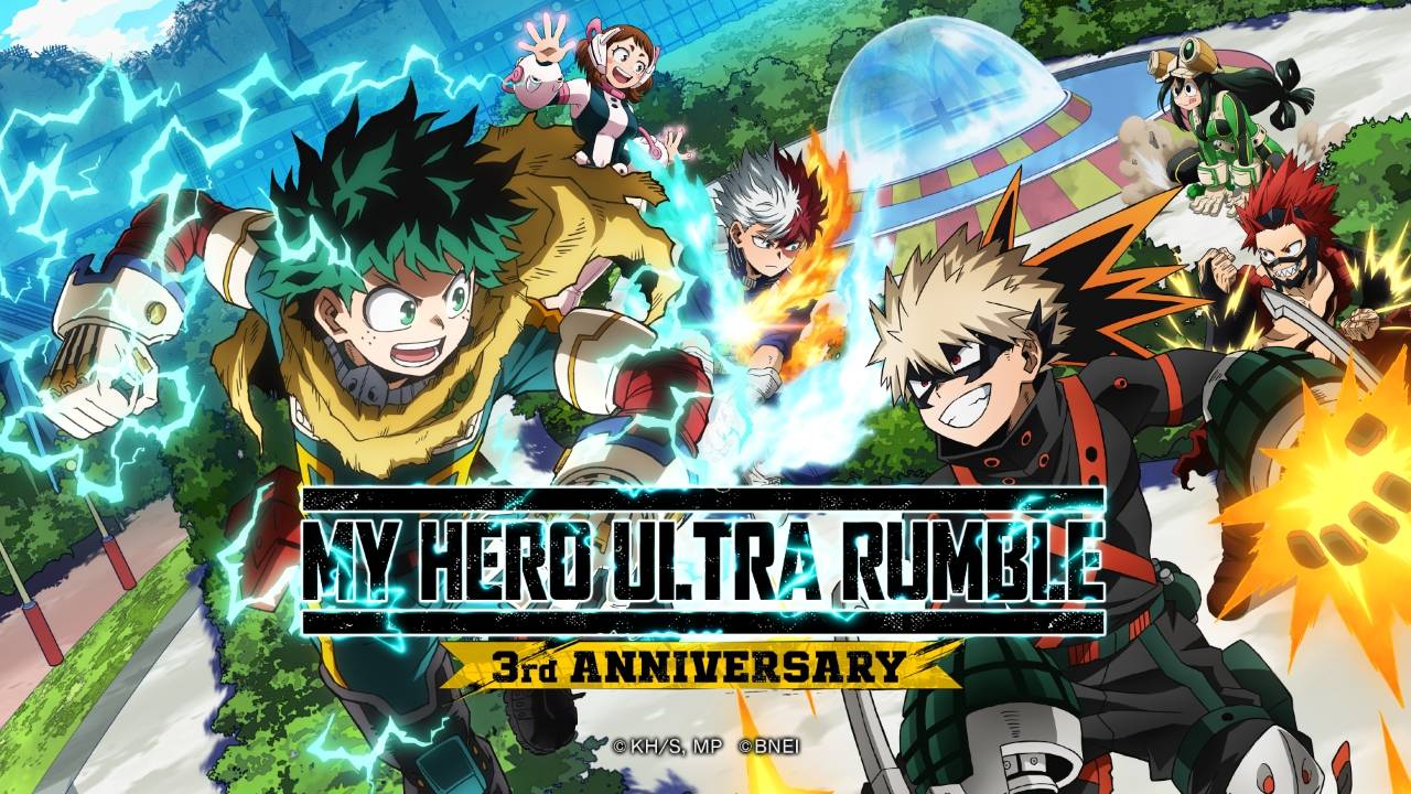 My Hero Ultra Rumble 3rd Anniversary key art with Deku, Bakugo, Todoroki and full cast