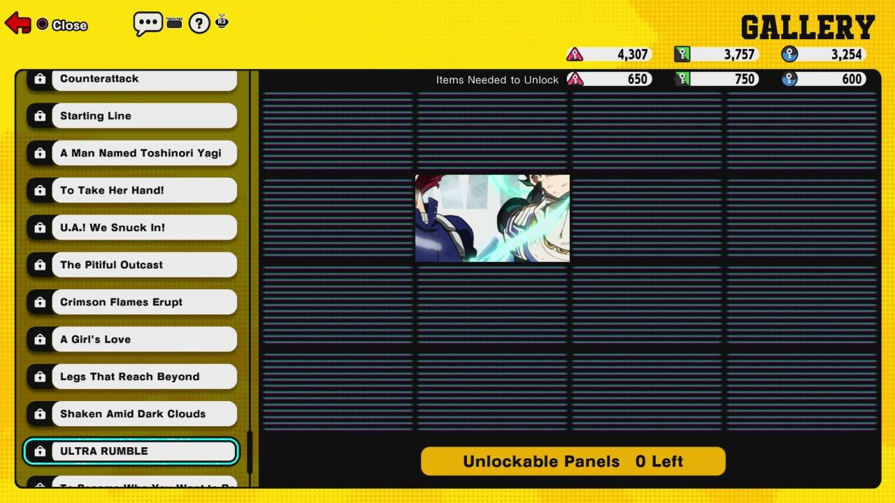 My Hero Ultra Rumble in-game Gallery screen showing unlockable illustration panels – Ultra Rumble tab