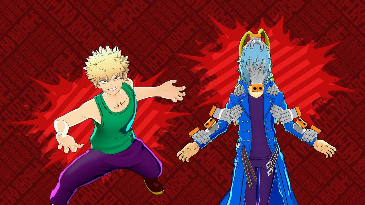 My Hero Ultra Rumble reward artwork featuring Katsuki Bakugo casual outfit and Tomura Shigaraki