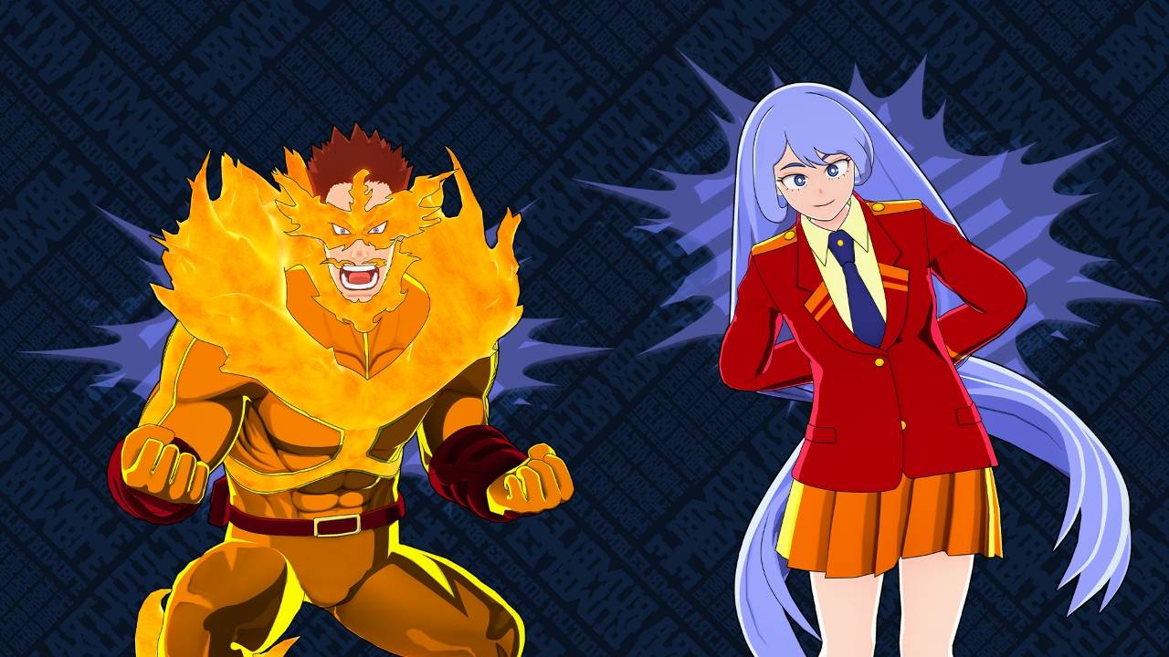My Hero Ultra Rumble reward artwork featuring Endeavor Heat costume and Nejire Hado Heat costume