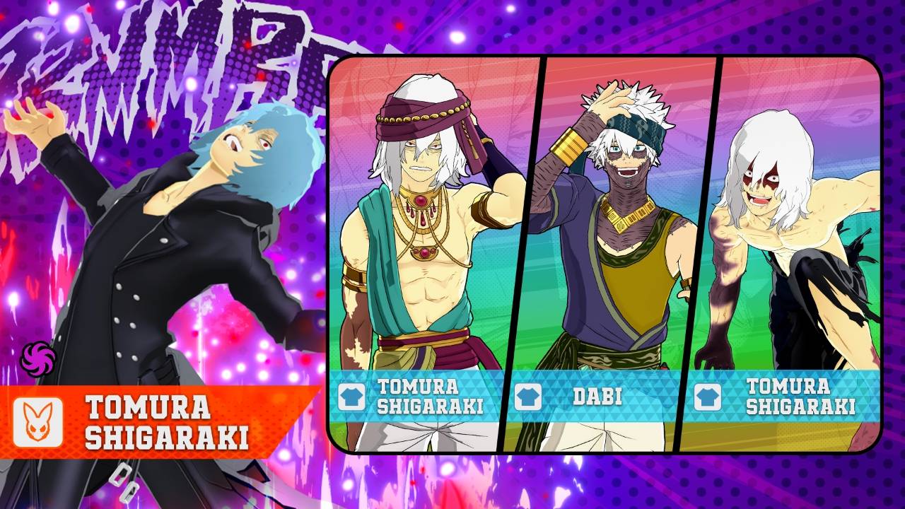 My Hero Ultra Rumble character reveal artwork featuring Tomura Shigaraki costumes and Dabi