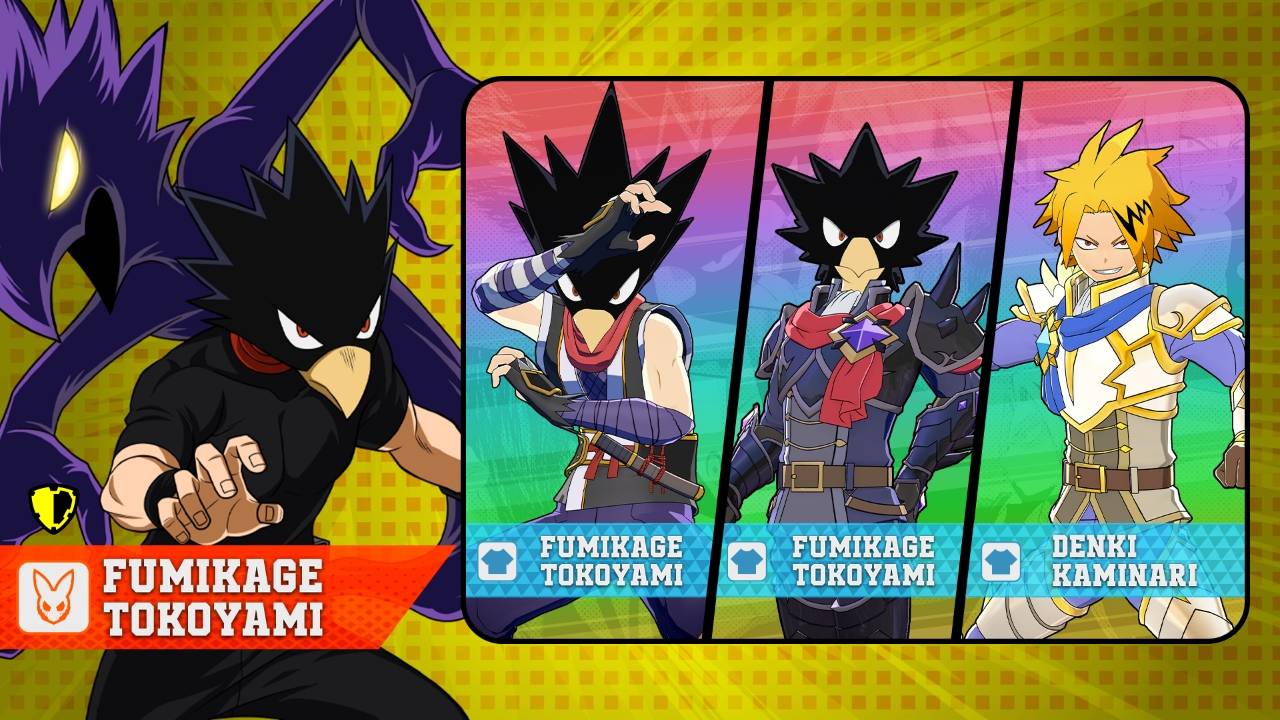 My Hero Ultra Rumble character reveal artwork featuring Fumikage Tokoyami Shinobi, Armor of the Abyss, Kaminari