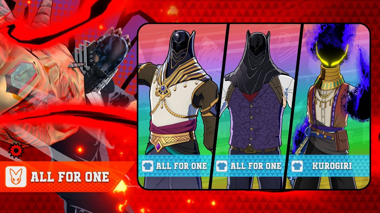 My Hero Ultra Rumble character reveal artwork featuring All For One costumes and Kurogiri