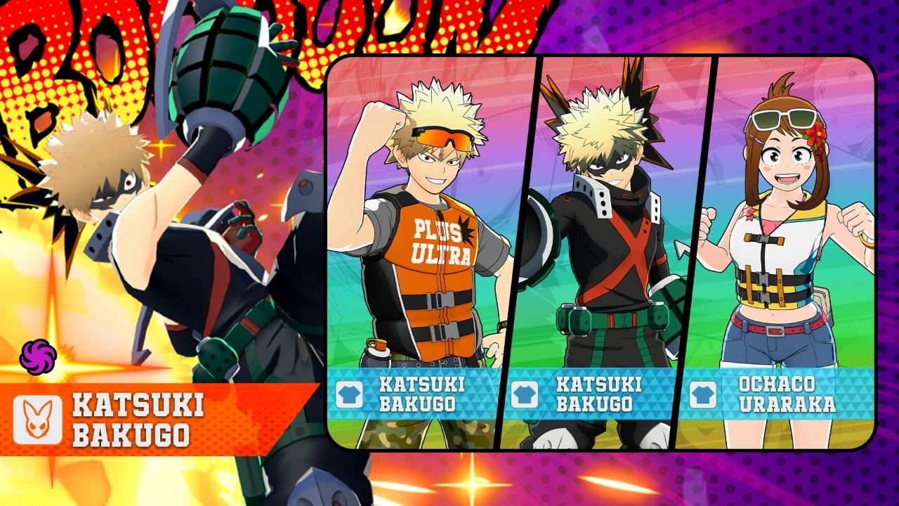 My Hero Ultra Rumble character reveal artwork featuring Katsuki Bakugo costumes and Ochaco Uraraka