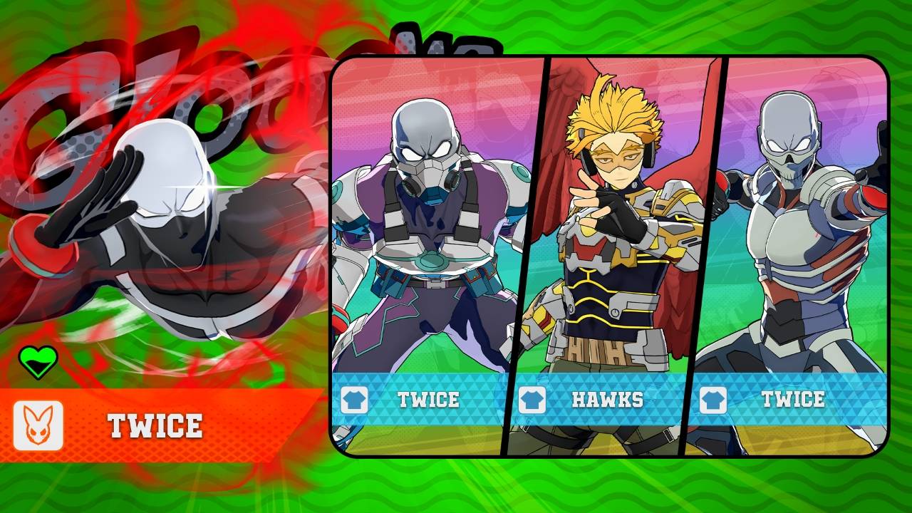 My Hero Ultra Rumble character reveal artwork featuring Twice Quirk Boost Gear, Hawks, and Twice Skull and Bones