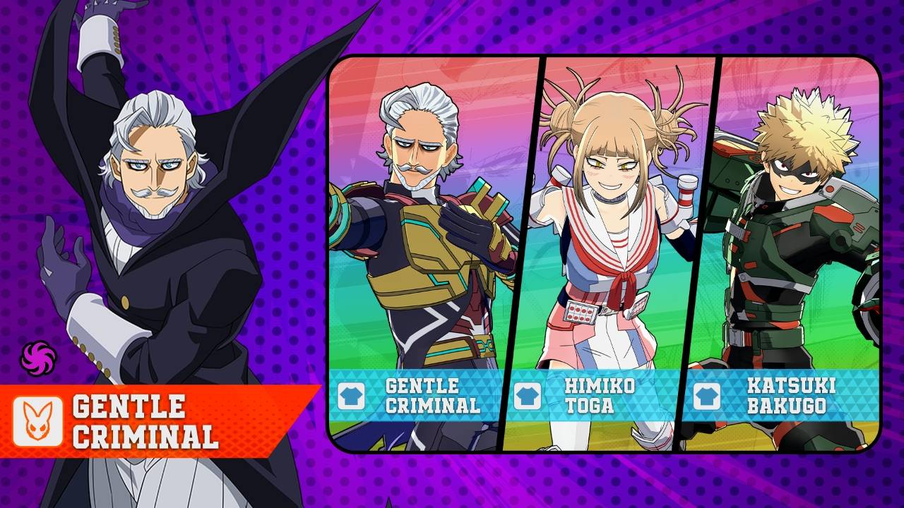 My Hero Ultra Rumble character reveal artwork featuring Gentle Criminal, Himiko Toga, Katsuki Bakugo