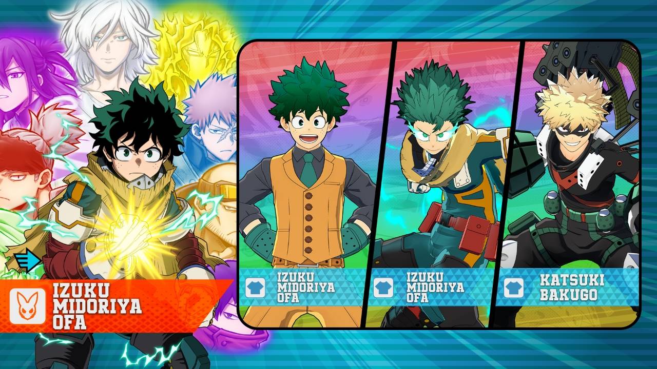 My Hero Ultra Rumble character reveal artwork featuring Izuku Midoriya OFA Hero Fest 2019, Final Battle, Bakugo Strafe Panzer