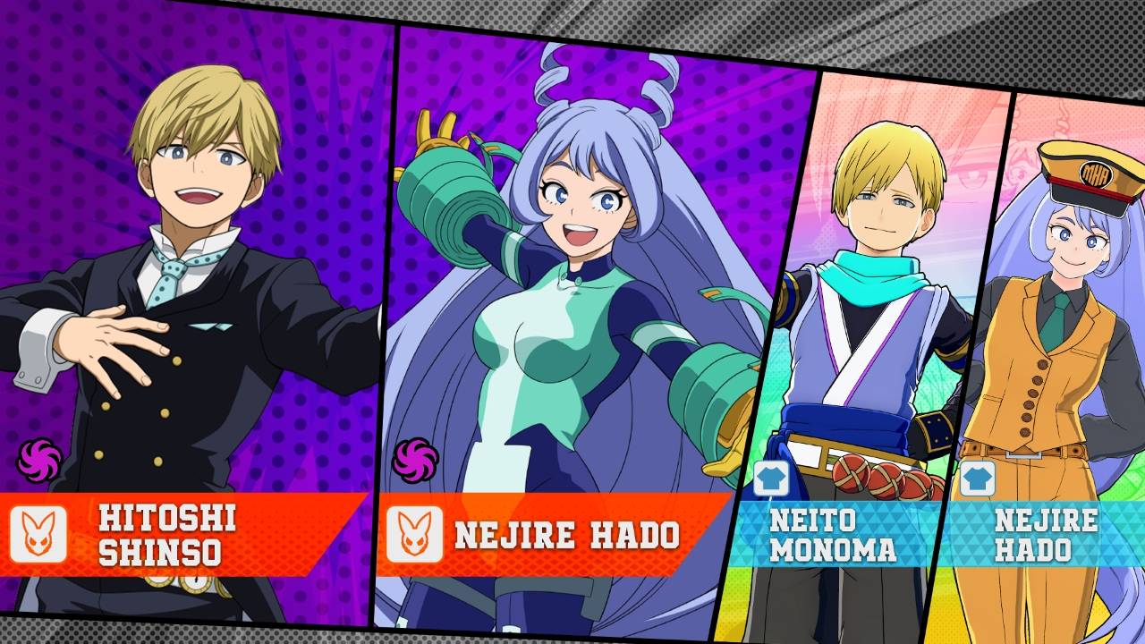 My Hero Ultra Rumble character reveal artwork featuring Hitoshi Shinso, Neito Monoma, and Nejire Hado costumes