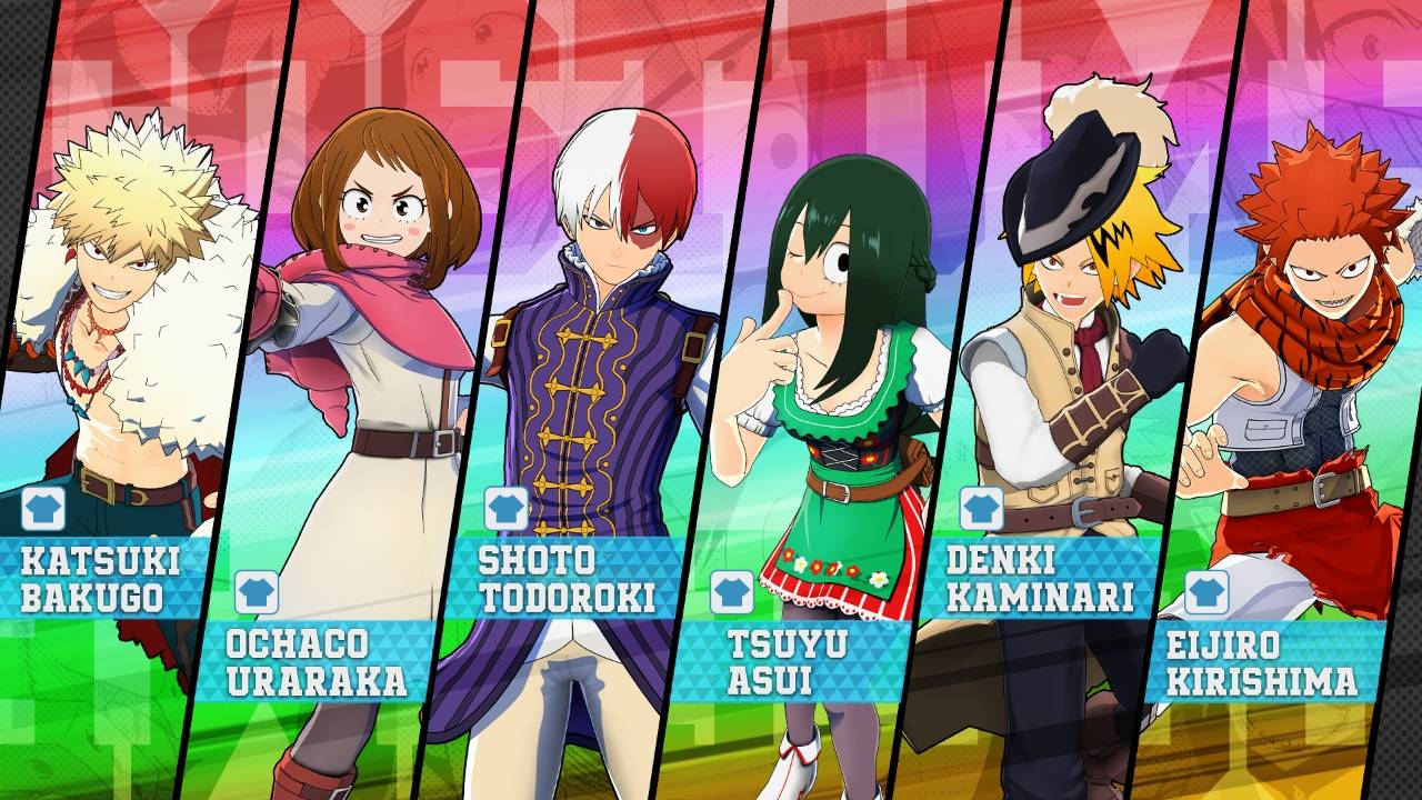 My Hero Ultra Rumble artwork featuring Katsuki Bakugo, Ochaco Uraraka, Shoto Todoroki, Tsuyu Asui, Denki Kaminari, Kirishima