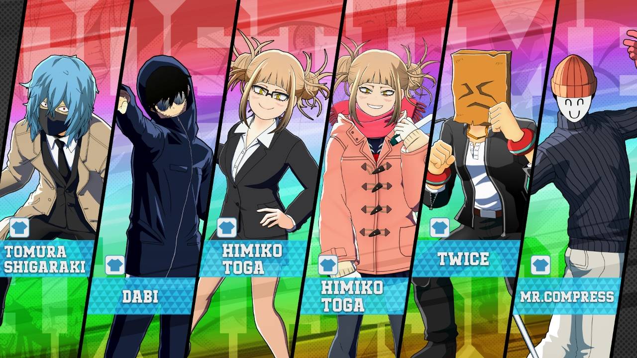 My Hero Ultra Rumble character reveal artwork featuring Tomura Shigaraki, Dabi, Himiko Toga, Twice, Mr. Compress