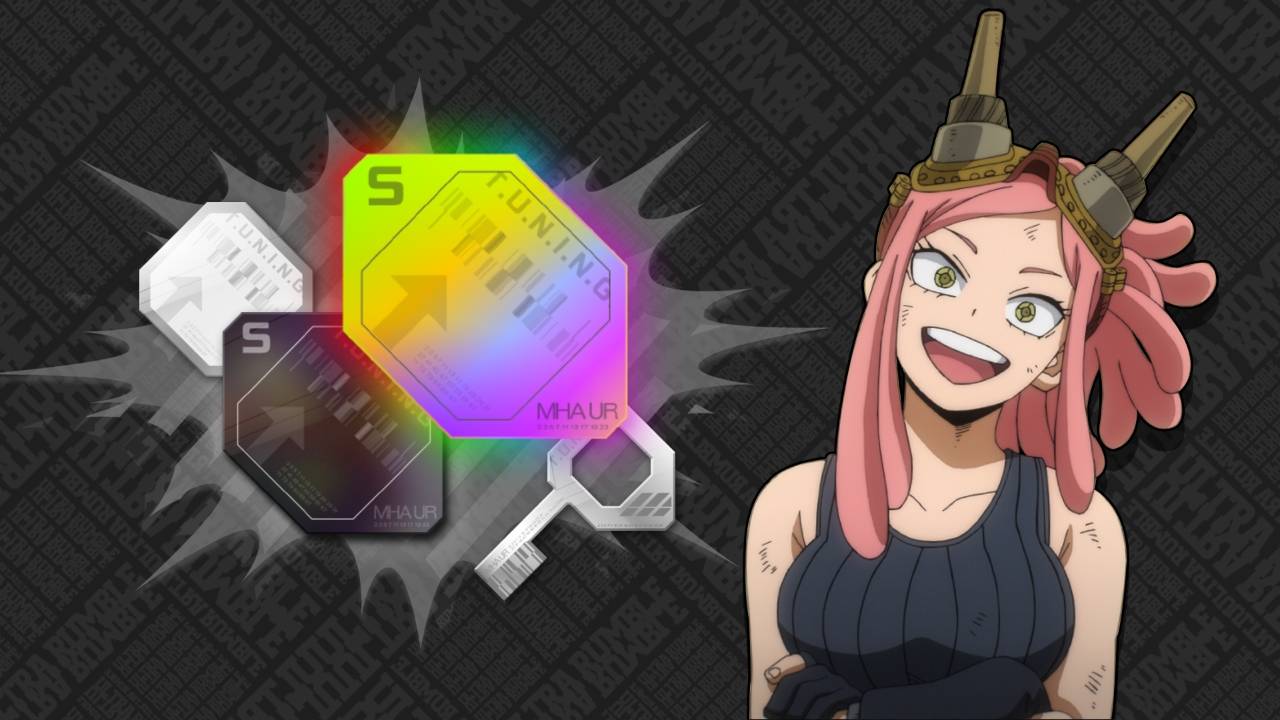 My Hero Ultra Rumble event artwork featuring T.U.N.I.N.G item keys and pink-haired character
