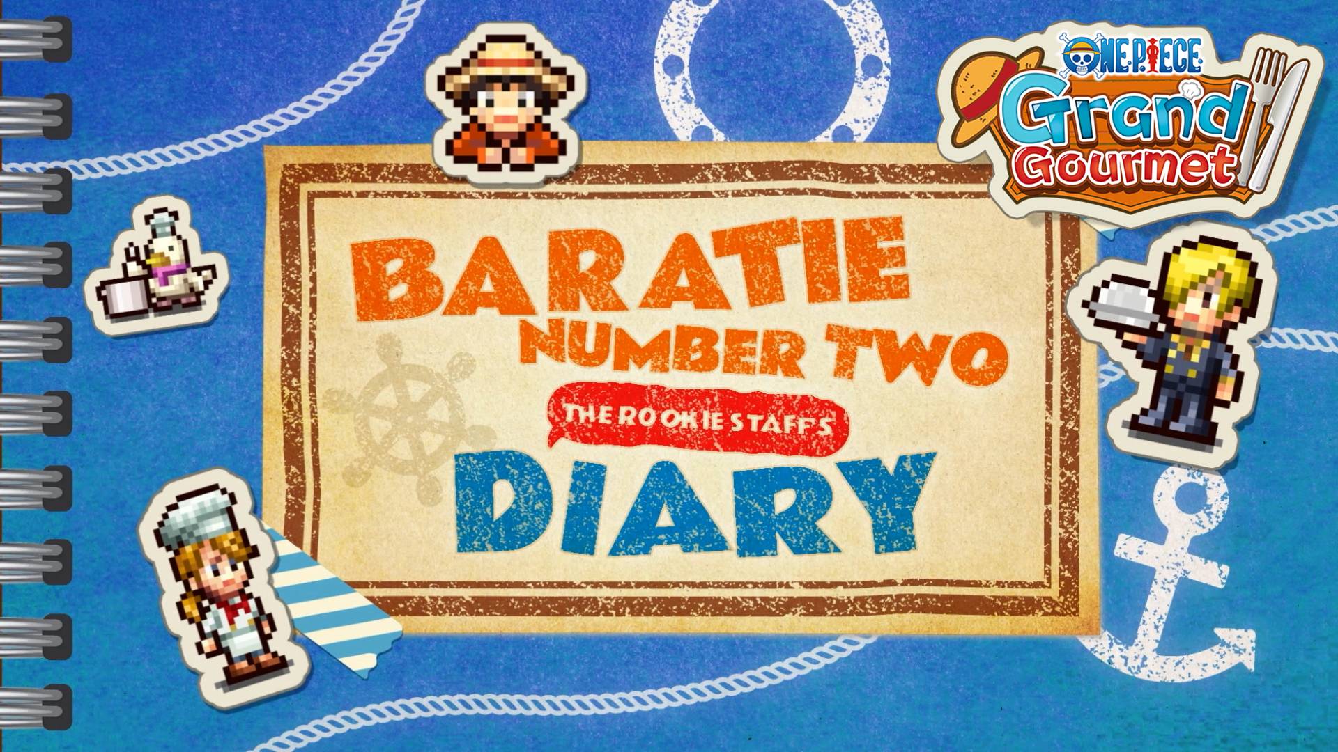 One Piece Grand Gourmet gameplay thumbnail featuring stylized characters and Diary book icon for how-to-play trailer