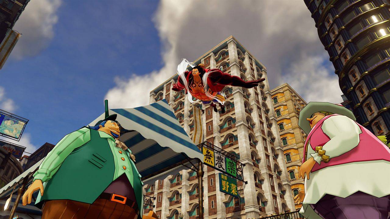 Gear 4 Luffy flying in Steel City