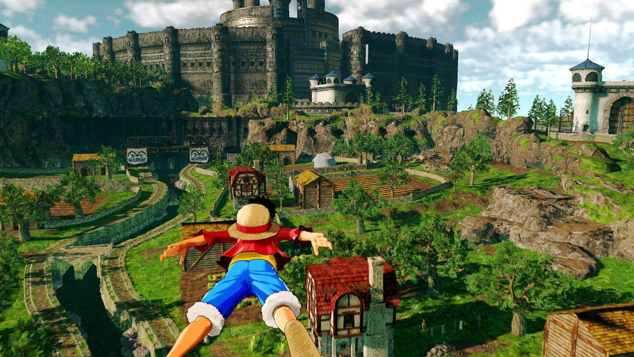 Luffy gliding over Ruby Village with Prison Tower – Tourmaline in the background