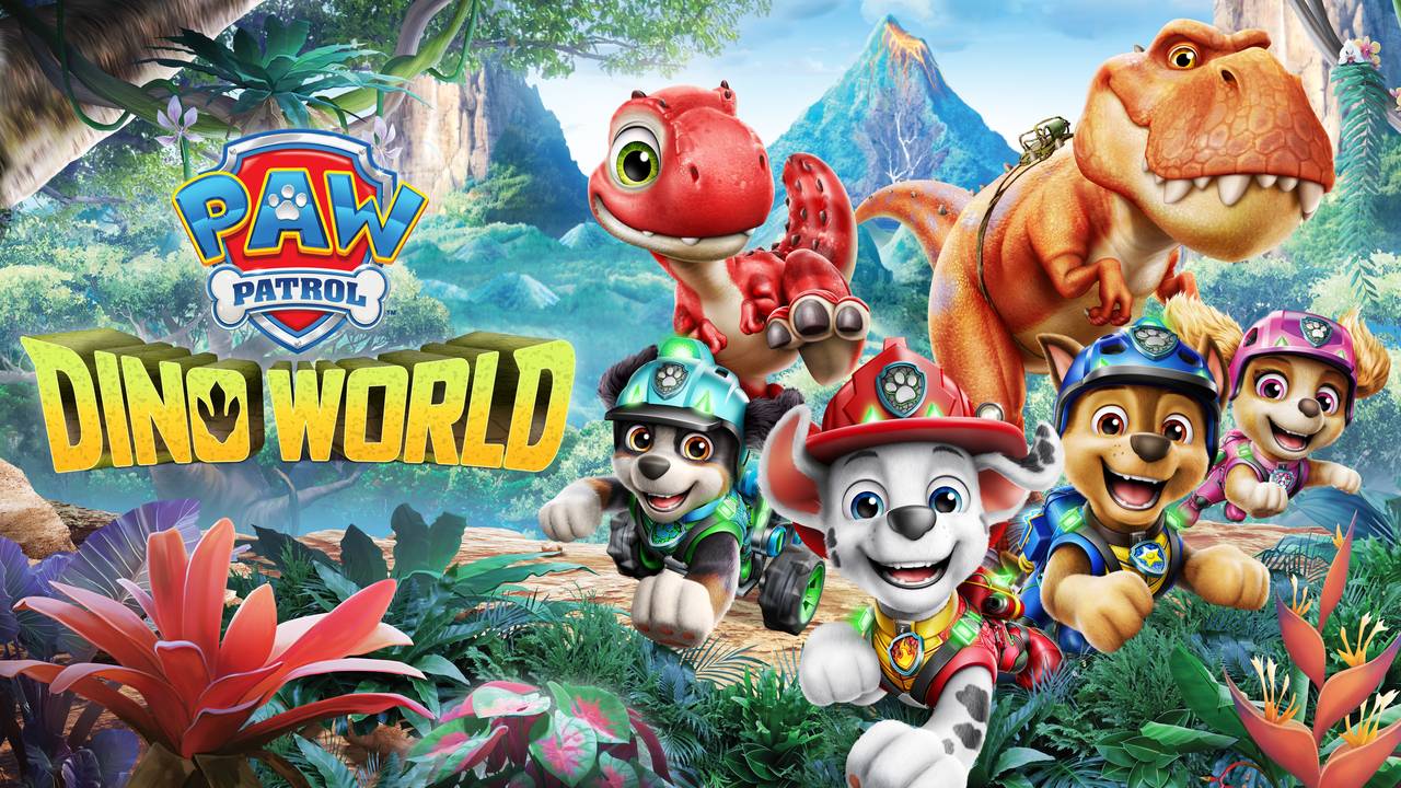 PAW Patrol Dino World key art featuring Rocky, Marshall, Chase and Skye with dinosaurs in jungle