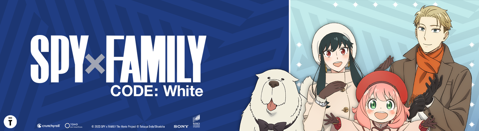 spy x family code white english movie banner with anya, yor and loid forger on the right