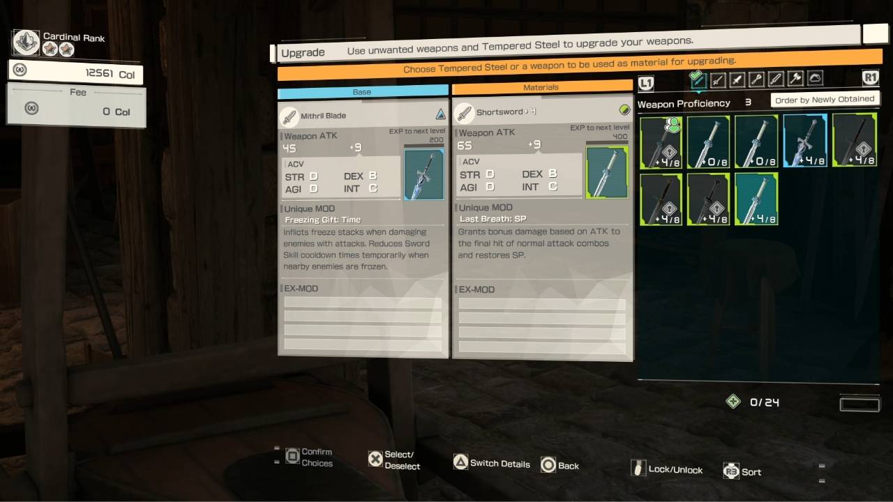 Weapon upgrade menu comparing Mithril Blade and Shortsword stats