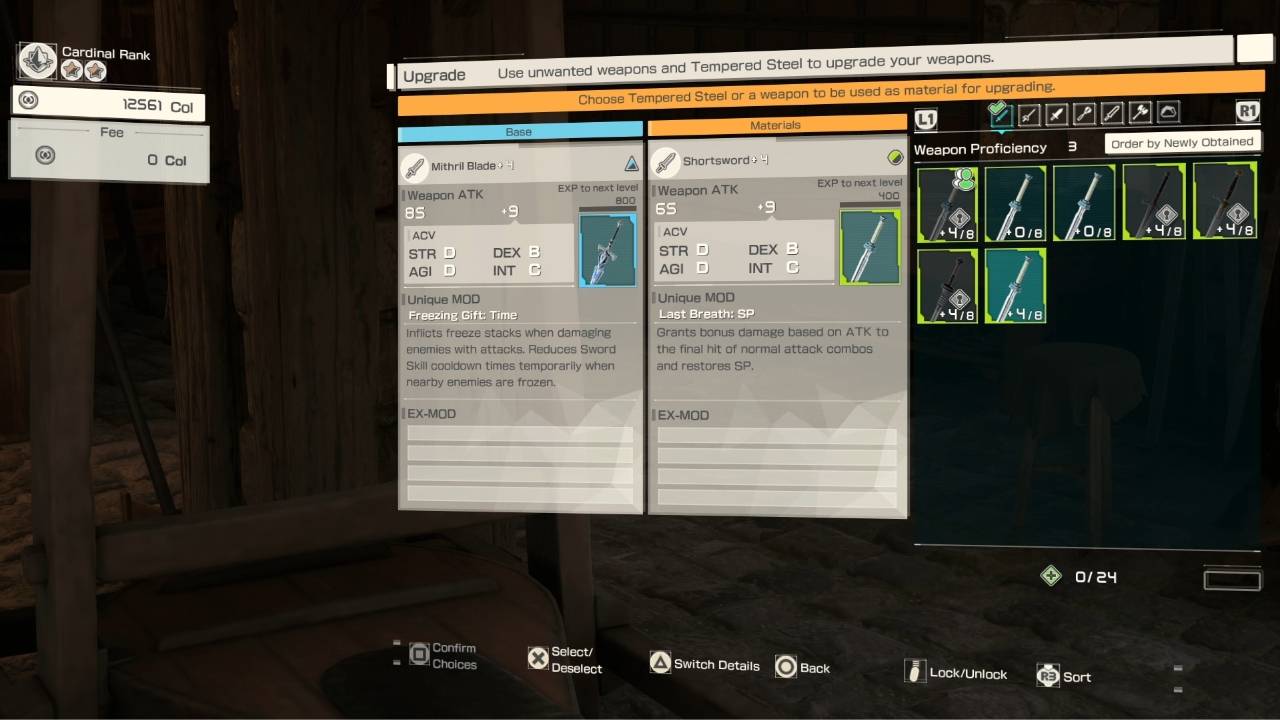 Blacksmith upgrade screen showing an enhanced Mithril Blade with boosted ATK