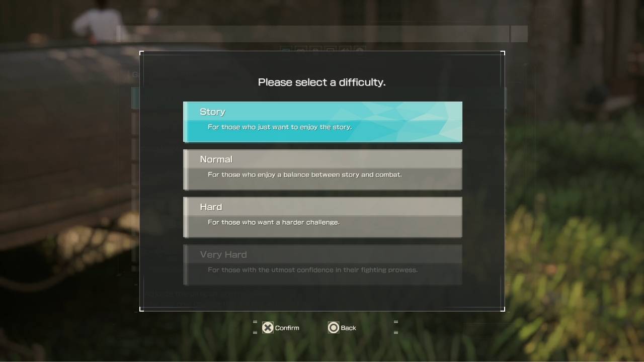 Difficulty selection menu with Story, Normal, Hard and Very Hard options