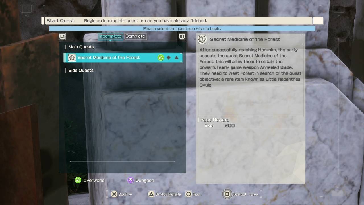 Start Quest screen with Restock Items option for consumables