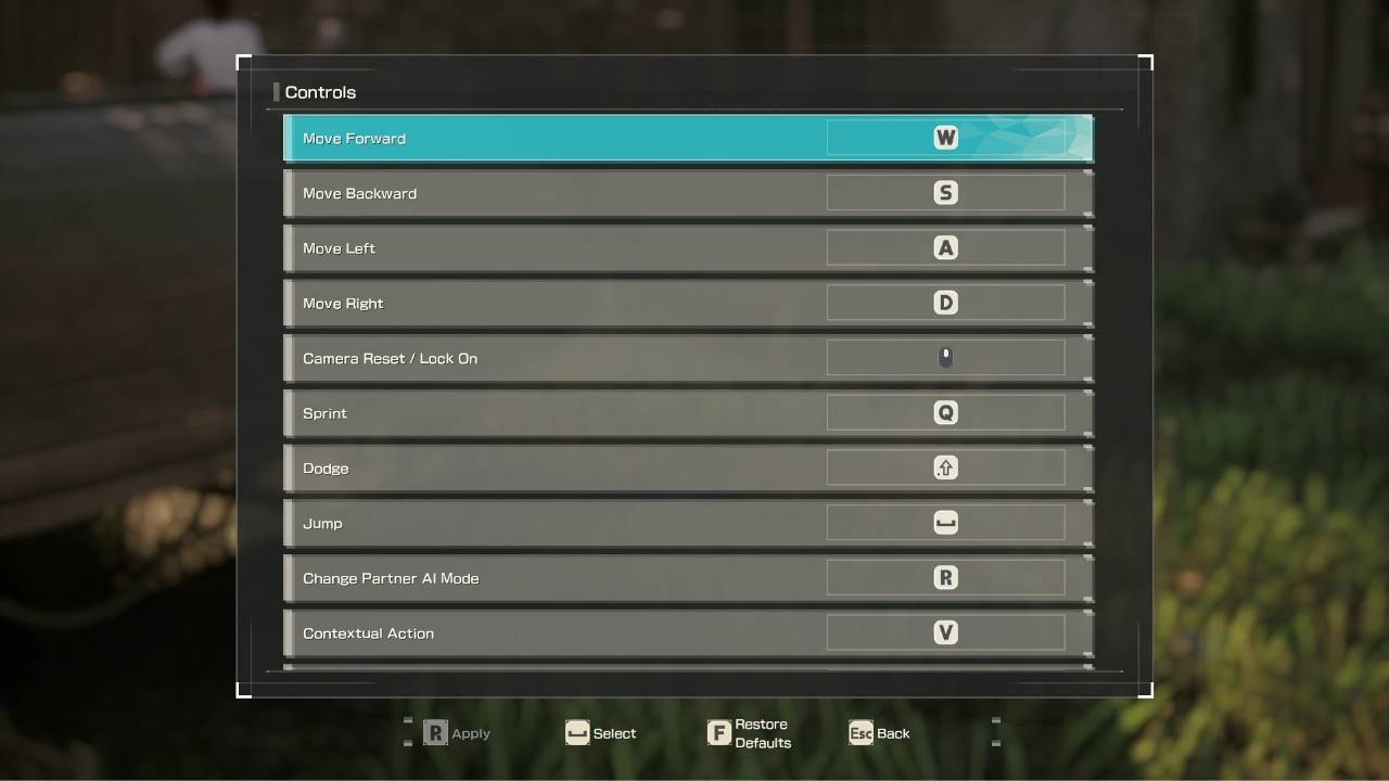 Default keyboard control settings menu in Echoes of Aincrad