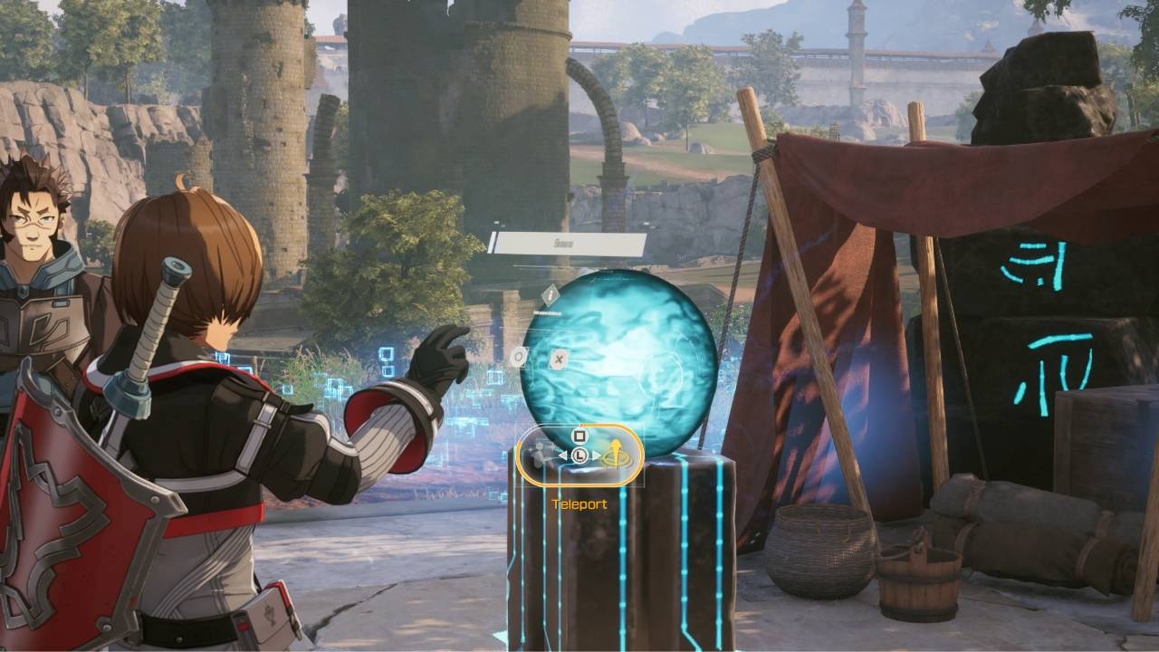 Player interacting with a teleport crystal to fast travel