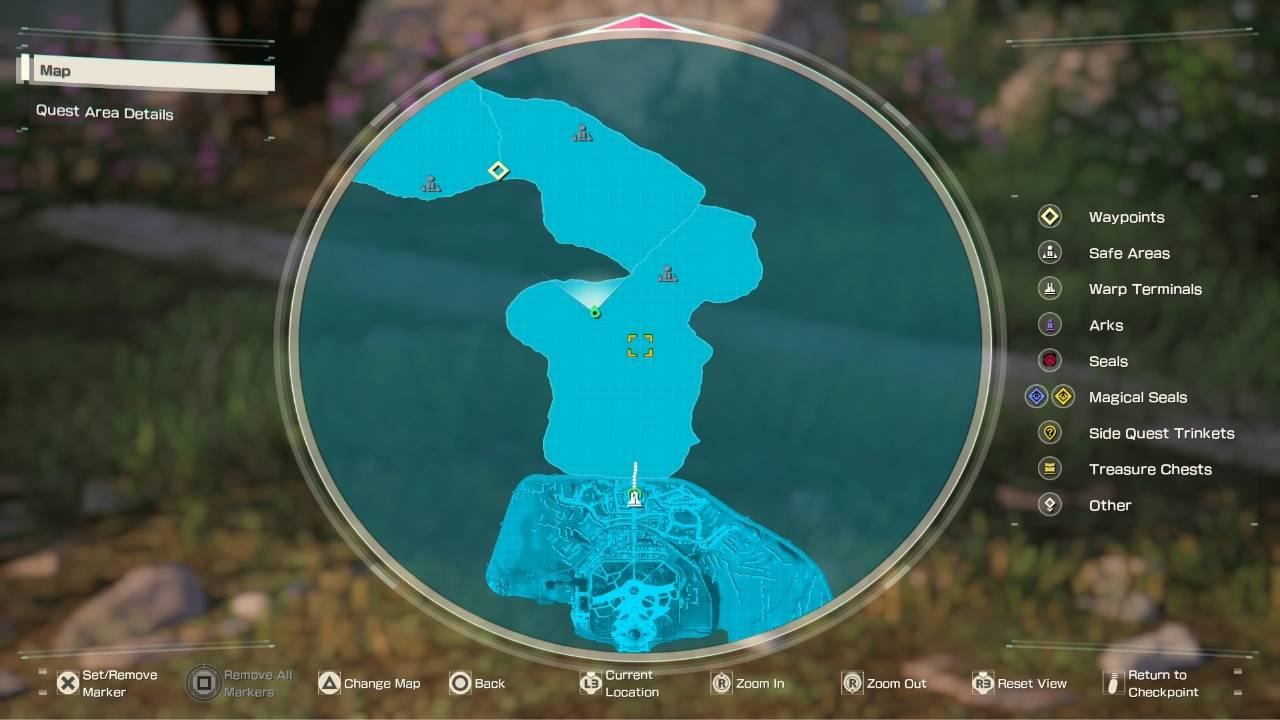 Echoes of Aincrad map screen showing waypoints, safe areas and warp terminal icons