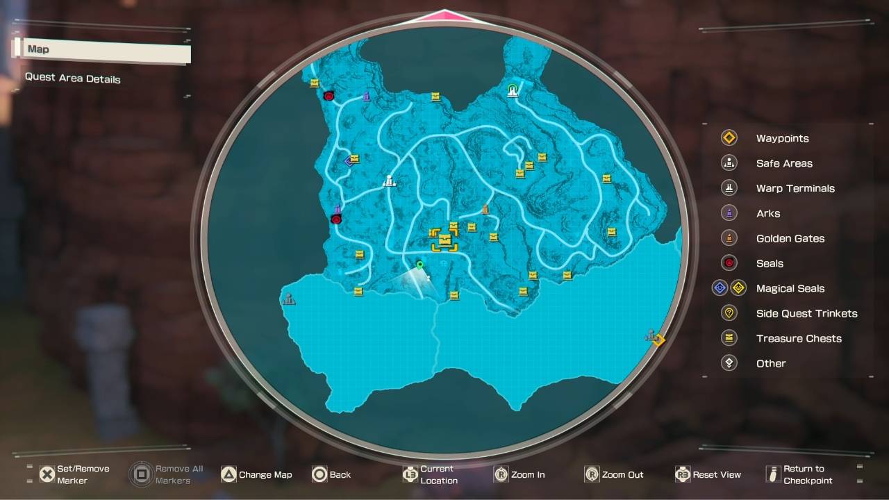 Complex Aincrad region map with multiple treasure chest markers