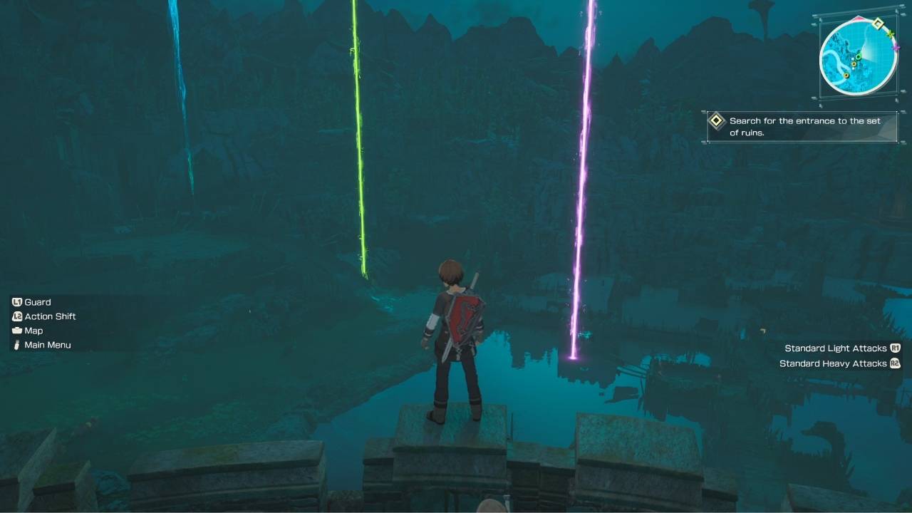 Character searching for ruins entrance near glowing light beams in Aincrad