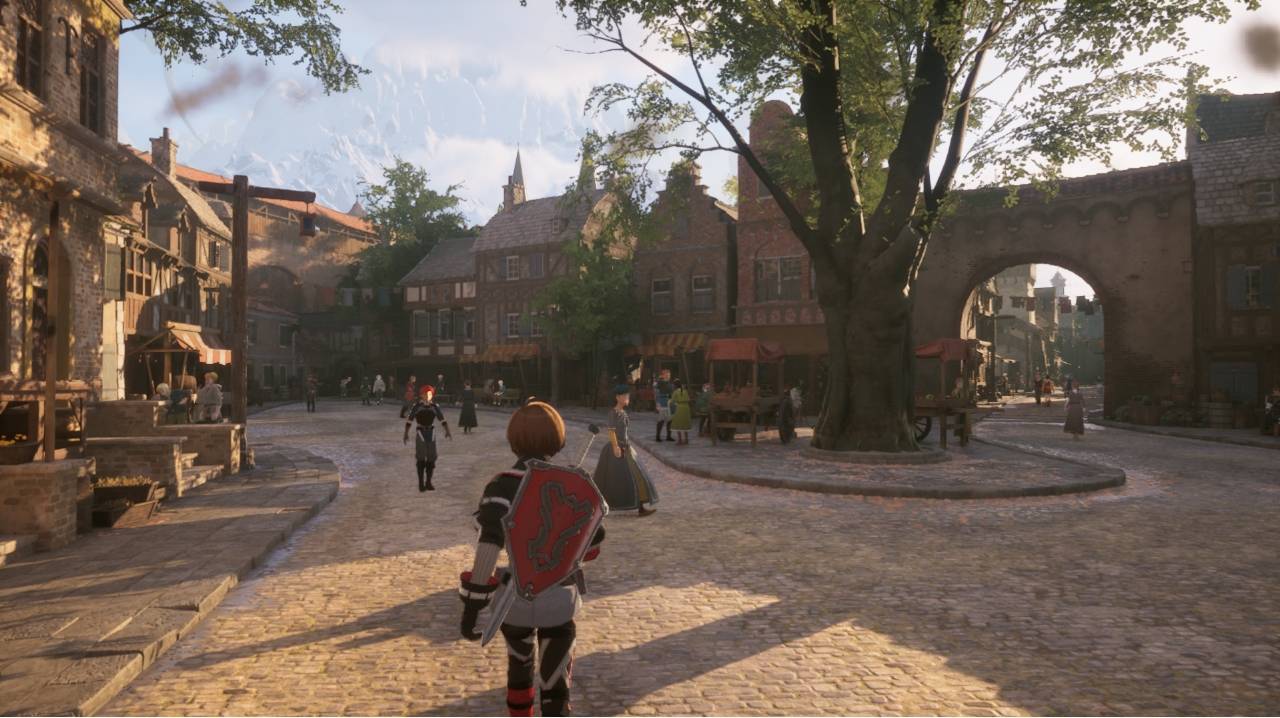 In-game town environment showcasing PC graphics quality