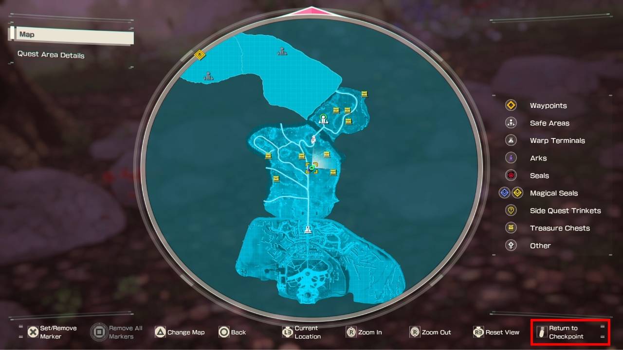 Aincrad map with Return to Checkpoint option highlighted
