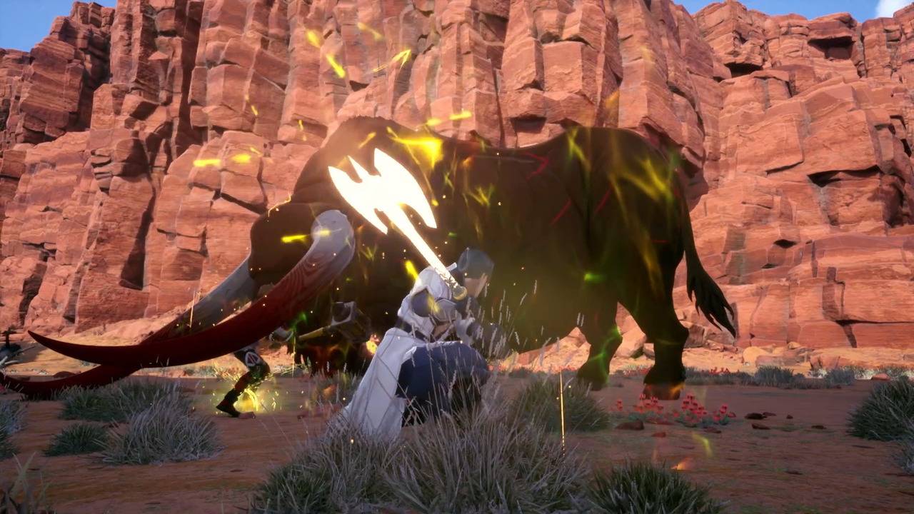 Personnage joueur affrontant un boss taureau géant avec une hache à deux mains dans Echoes of Aincrad