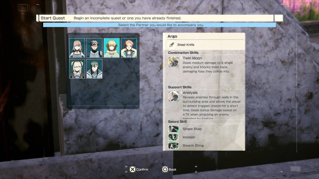 Capture d'écran du menu de sélection des partenaires dans Echoes of Aincrad, avec Argo