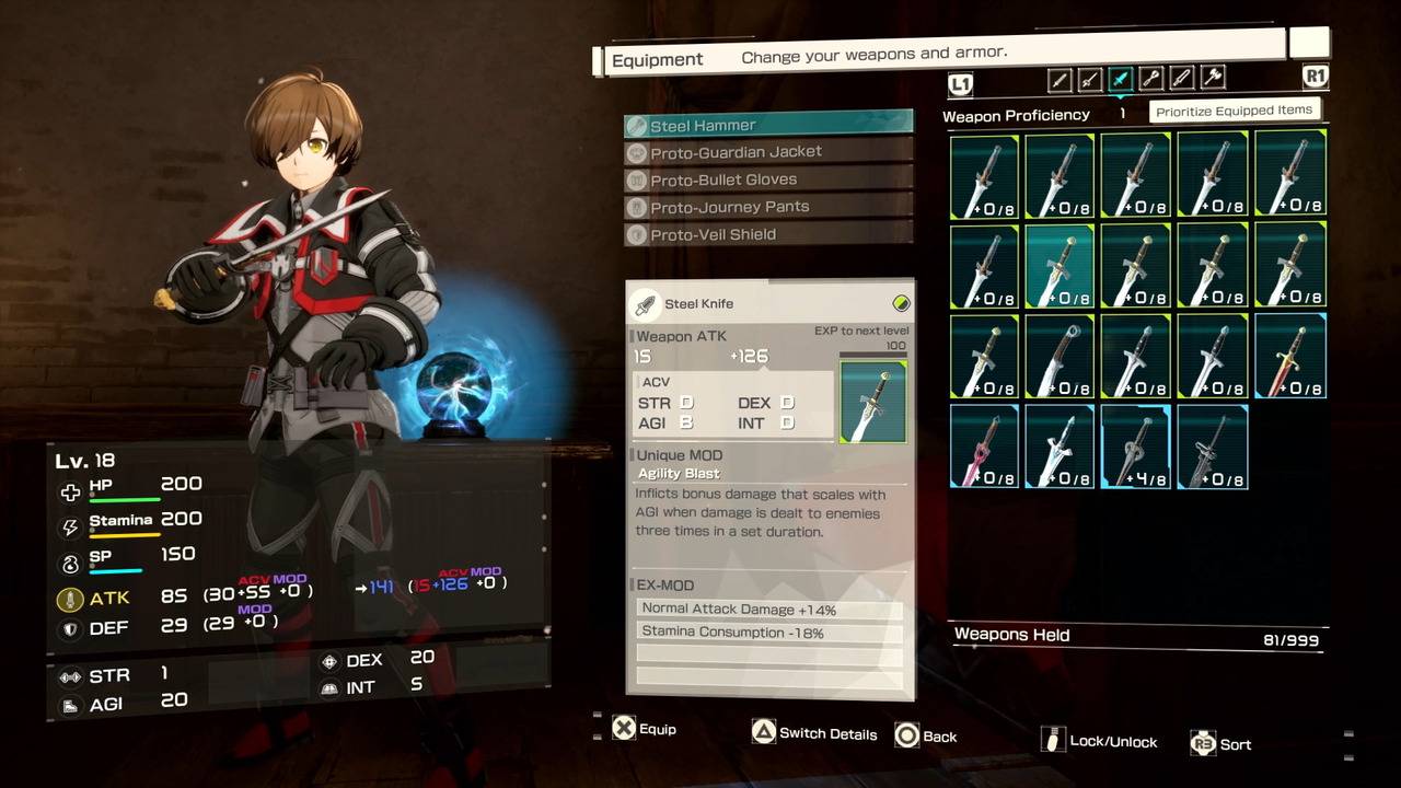 Écran d'équipement dans Echoes of Aincrad montrant les armes et statistiques du personnage