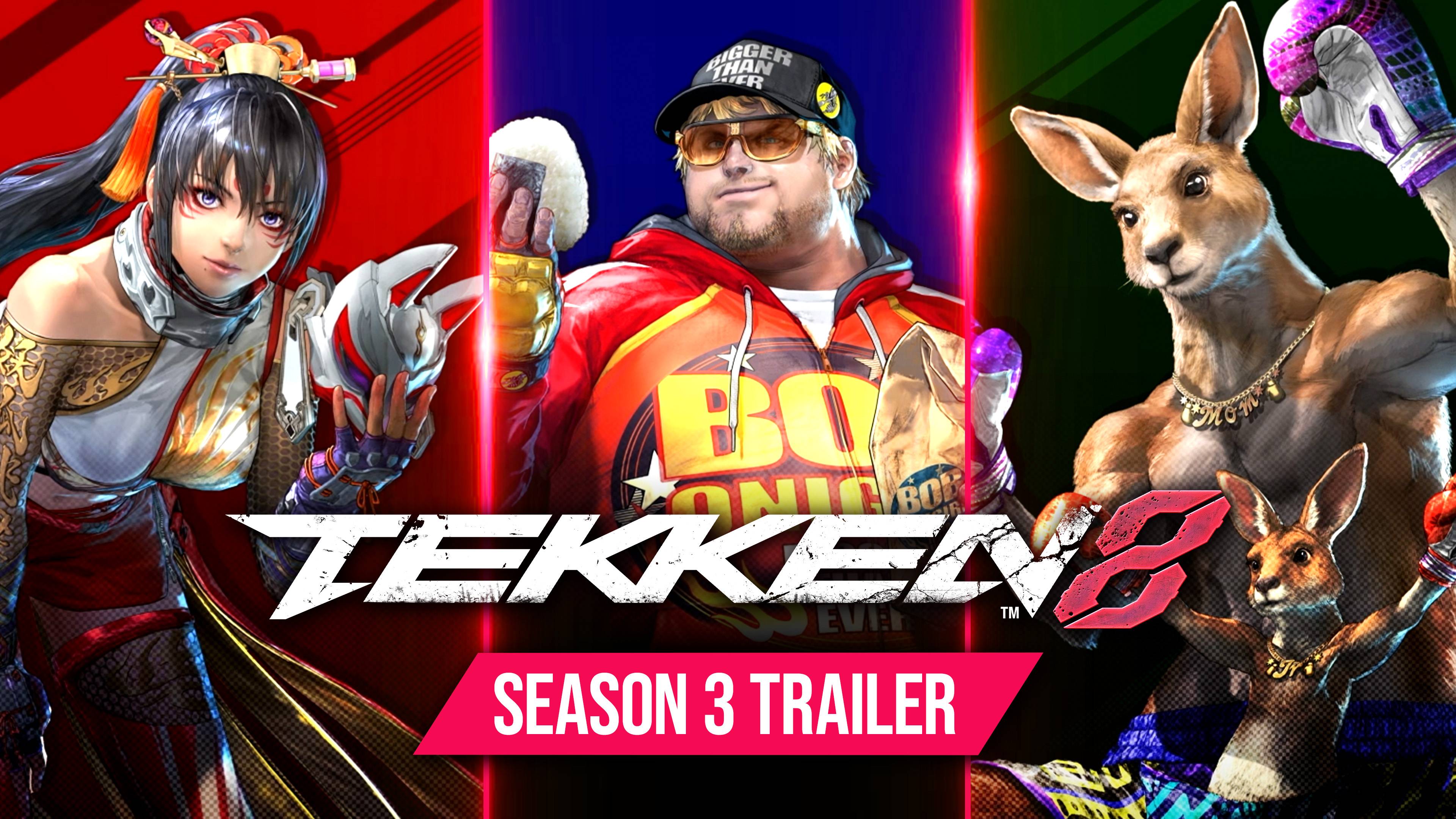 TEKKEN 8 Season 3 trailer featuring Kunimitsu, Bob, and Roger Jr. with Bandai Namco branding