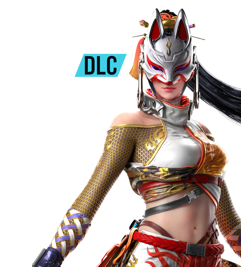 TEKKEN 8 DLC close-up character art of Kunimitsu wearing kitsune mask on transparent background